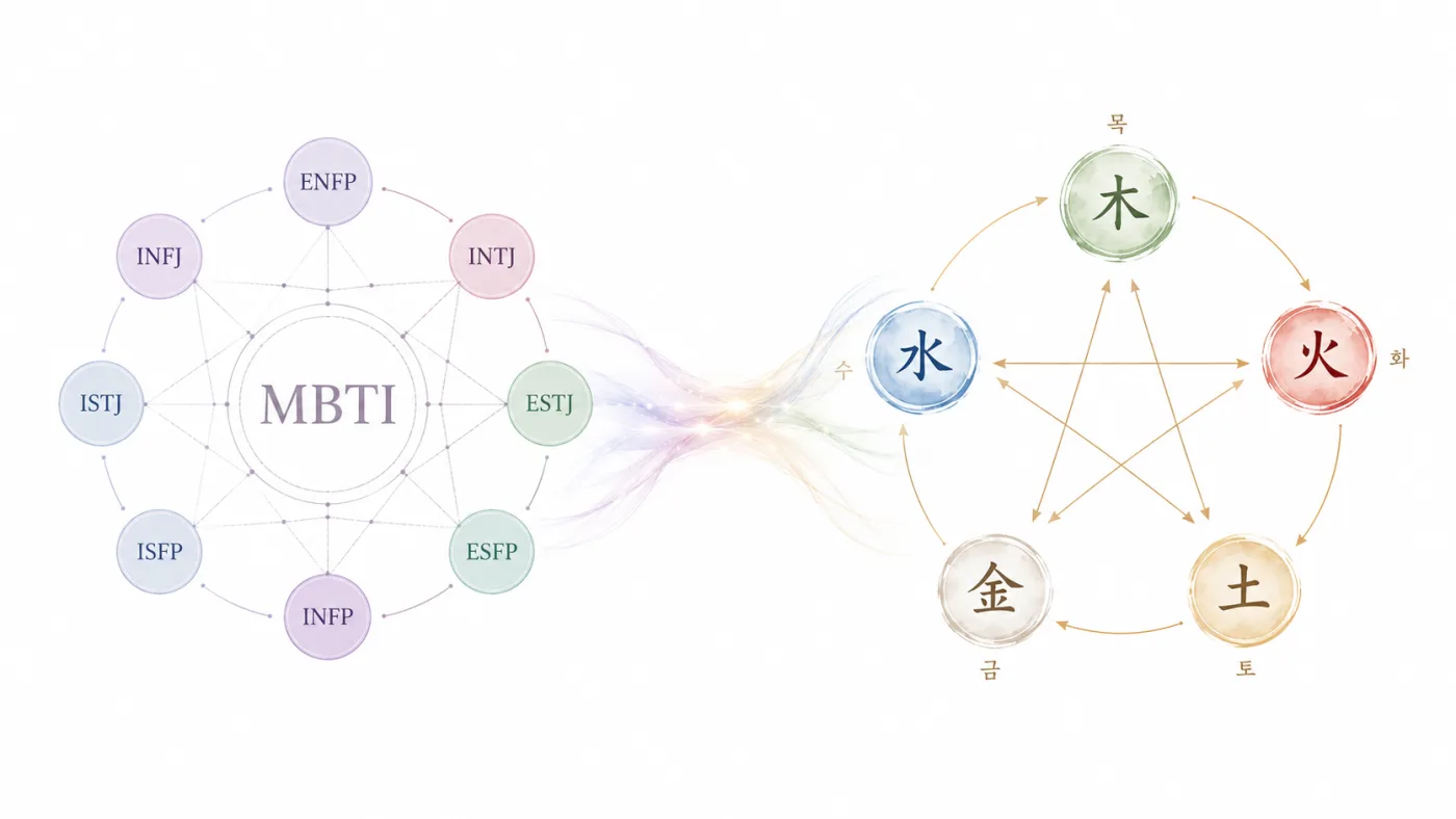 MBTI 16유형과 오행(목·화·토·금·수)이 이어지는 그림