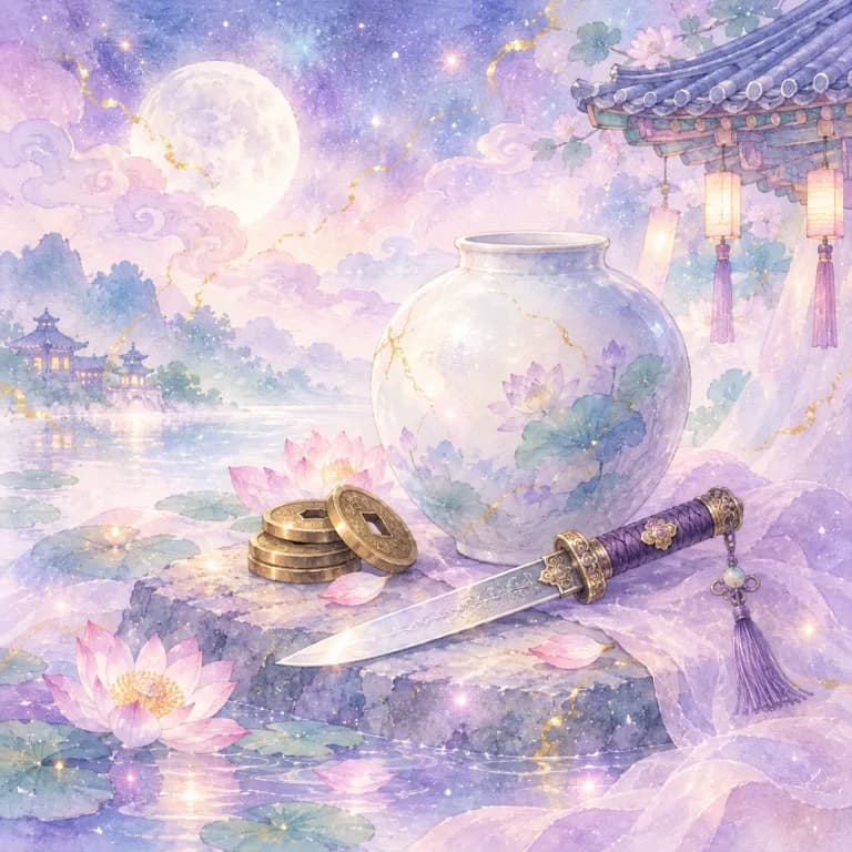 똥꿈 재물 풀이 그림, 달항아리 옆에 쌓인 엽전 세 닢