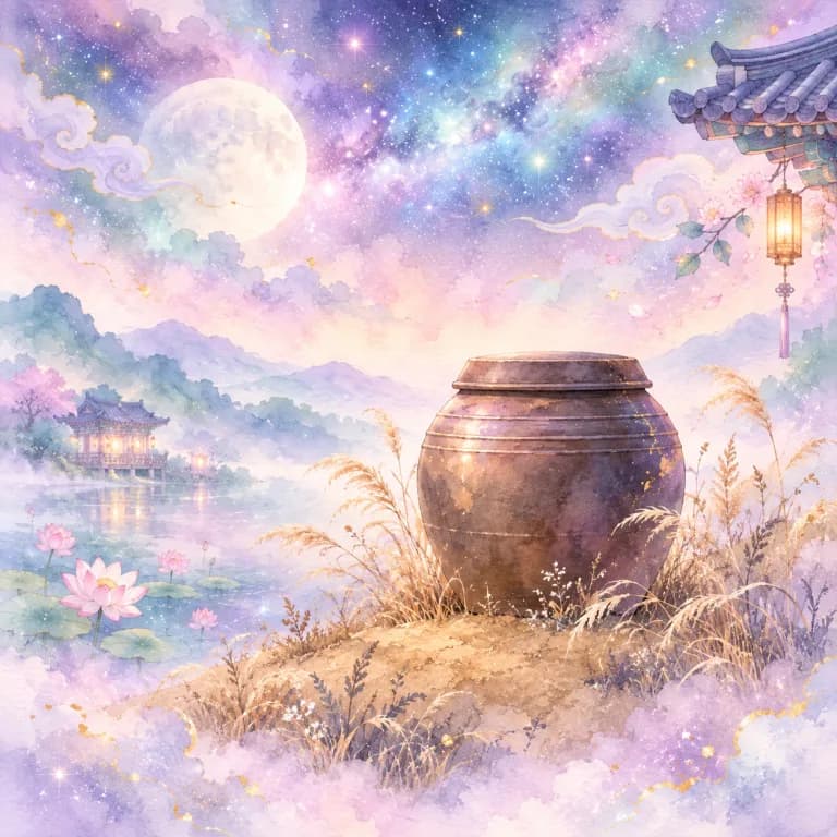 똥꿈 복 풀이 그림, 달빛 흙두둑에 놓인 옹기 장독과 억새
