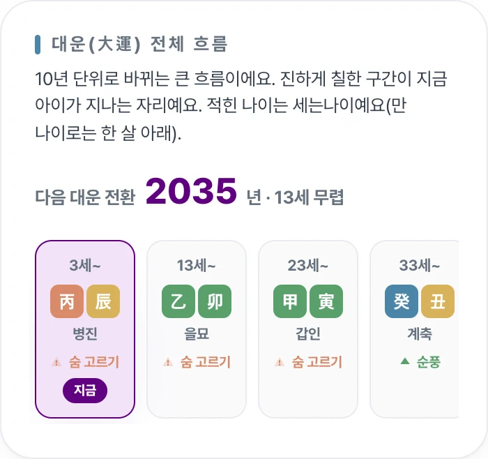 10년 단위 대운을 시기별 카드로 넘겨 보는 화면