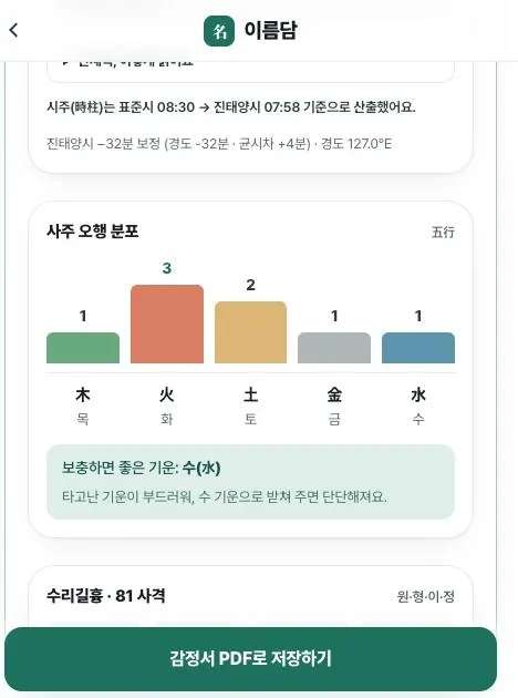 아이 오행 분포와 보충할 기운 화면
