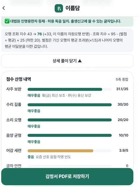 이름 점수 산정 축을 보여 주는 화면