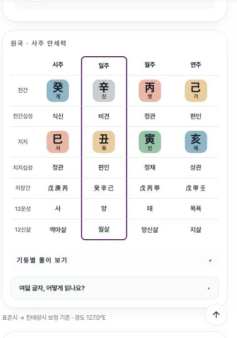 리포트에 실리는 사주 원국 표 화면