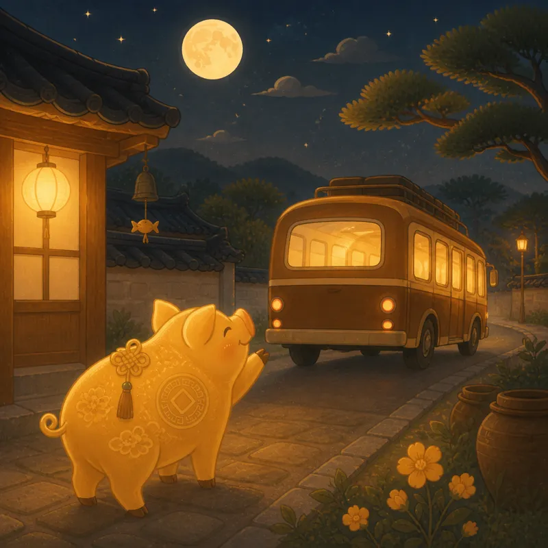 골목에 멈춰 선 버스와 복돼지