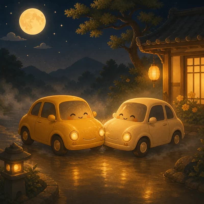 부딪힌 두 대의 노란 자동차