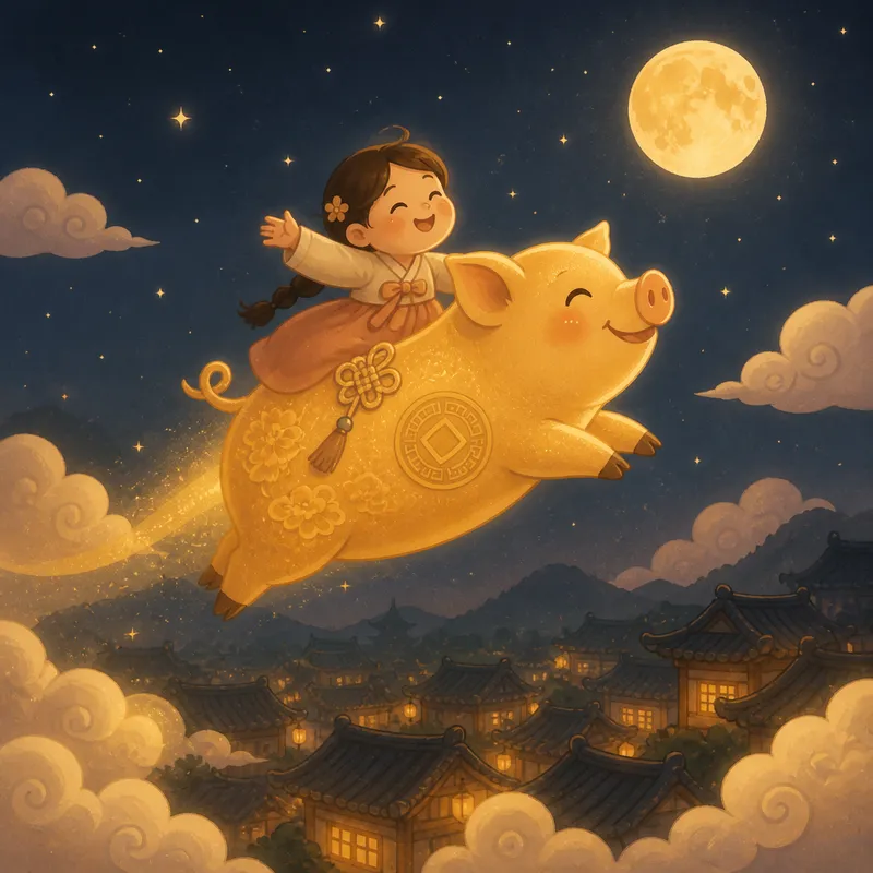 복돼지를 타고 구름 위를 나는 아이