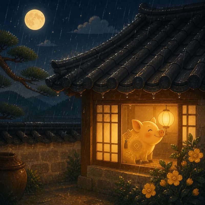 빗속 창가를 보는 복돼지