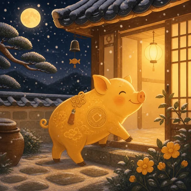 눈 내리는 마당의 복돼지