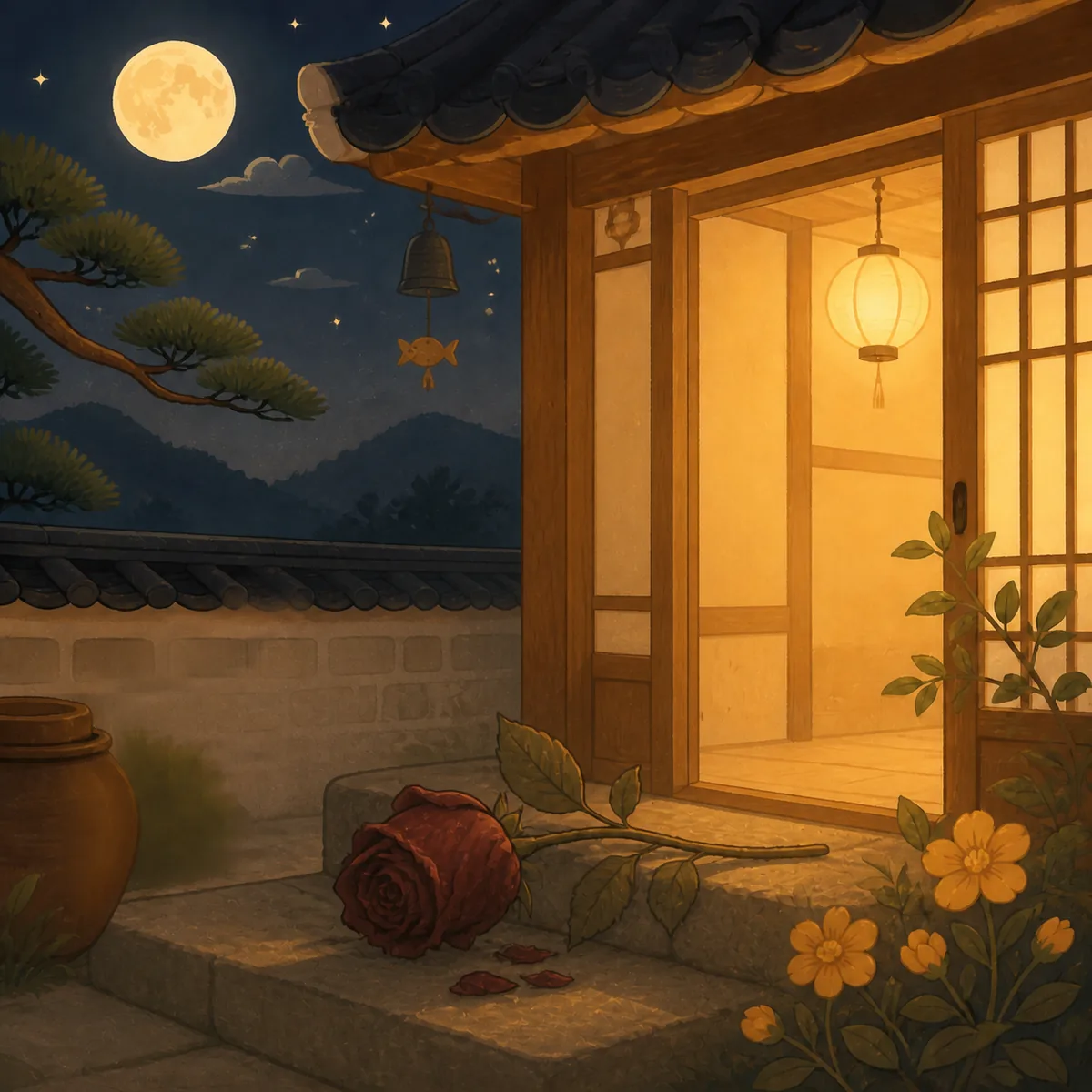 이빨 빠지는 꿈 풀이 그림, 불 켜진 한옥 방문 앞 섬돌에 놓인 붉은 장미 한 송이