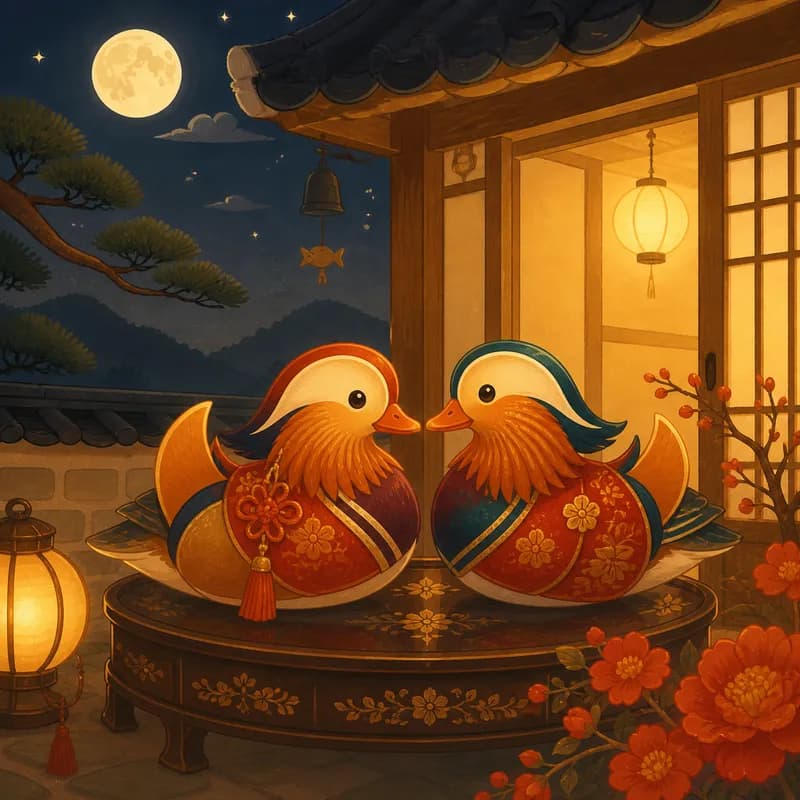 원앙 한 쌍이 마주 앉은 혼례상